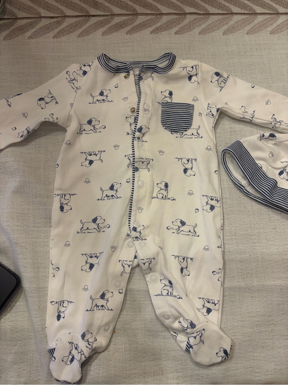 White Footed One-Piece with Navy Puppy Print